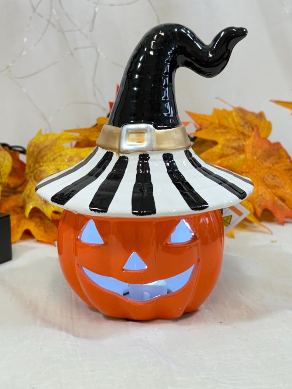 MacKenzie Style Ceramic Black Halloween Jack O Lantern Witch Led Light Up Figure